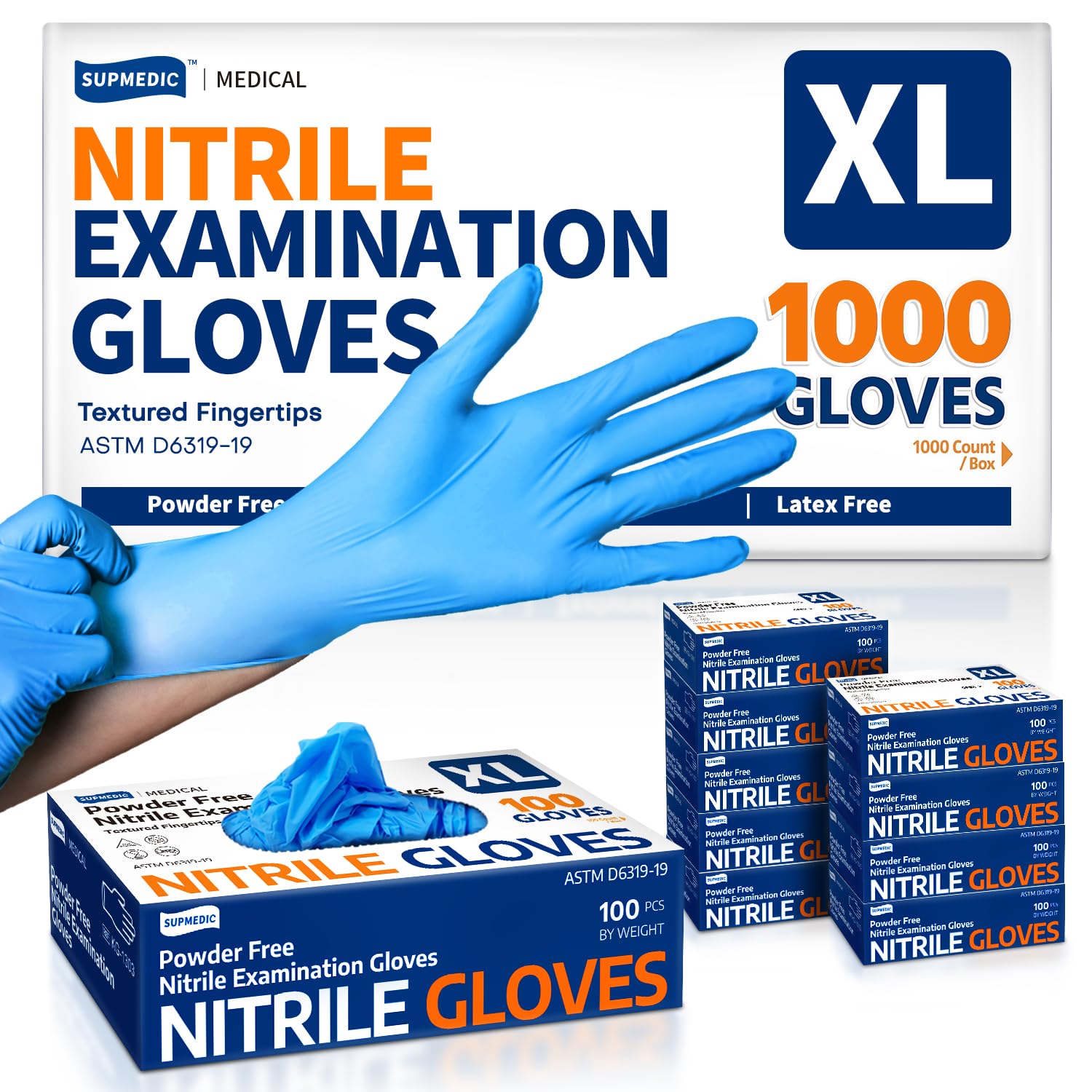 Supmedic nitrile gloves blue box, 3.5 mil, sturdy barrier for daily tasks.