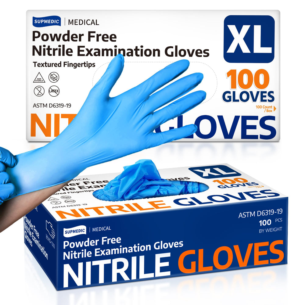 Supmedic nitrile gloves blue box front, exam-grade protection for daily tasks.