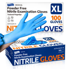 Supmedic nitrile gloves blue box front, exam-grade protection for daily tasks.