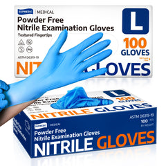 Supmedic nitrile gloves blue box front, powder-free and latex-free for allergy-safe tasks