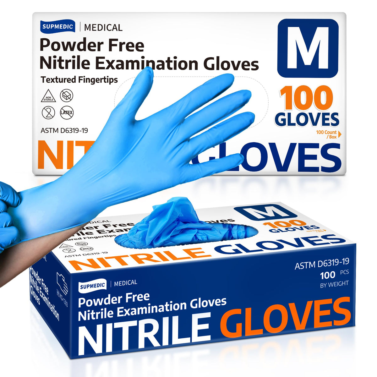 Supmedic nitrile gloves blue front view, latex-free and powder-free for sensitive hands.