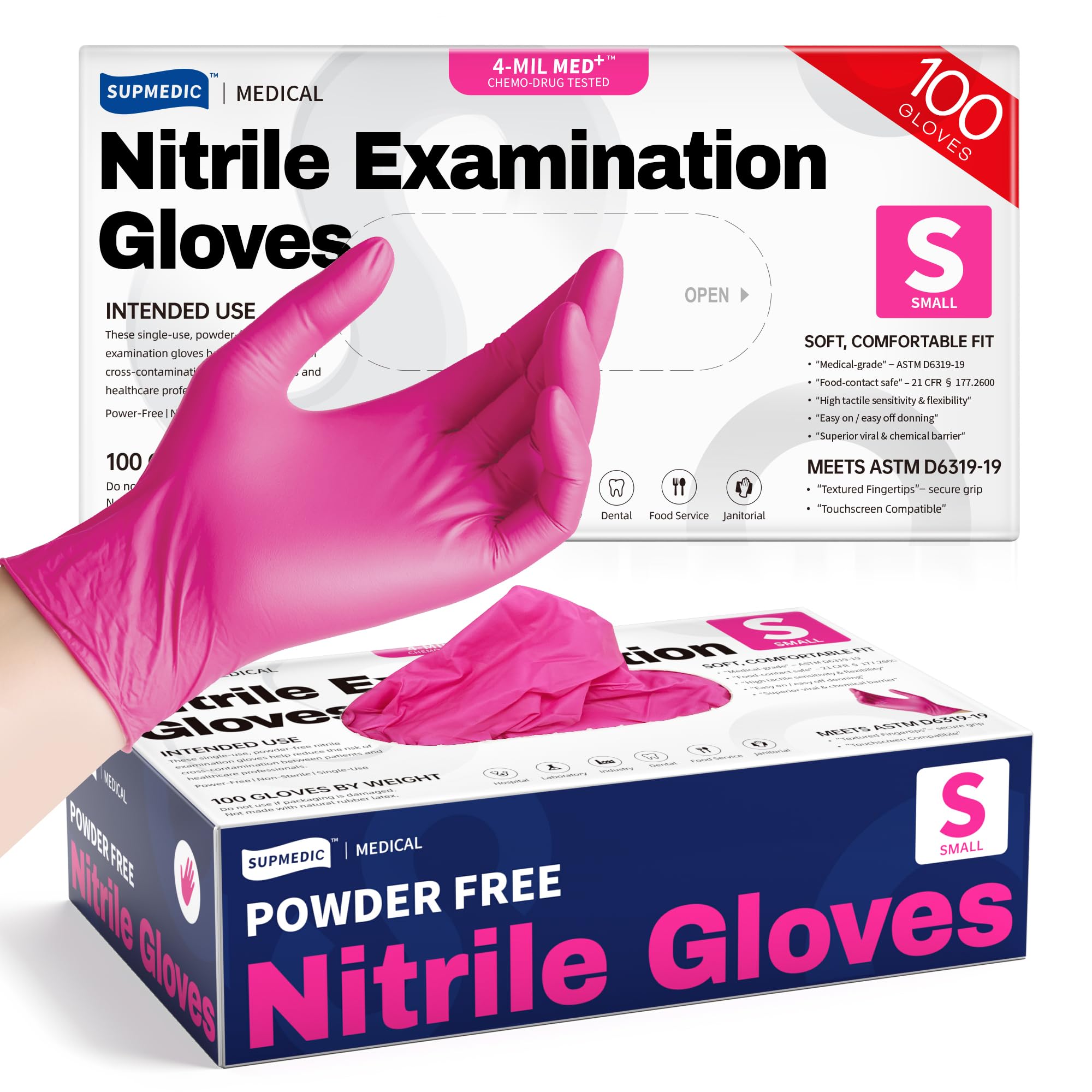 Supmedic Nitrile Gloves Rose Orchid 100-count box for quick checks and professional look