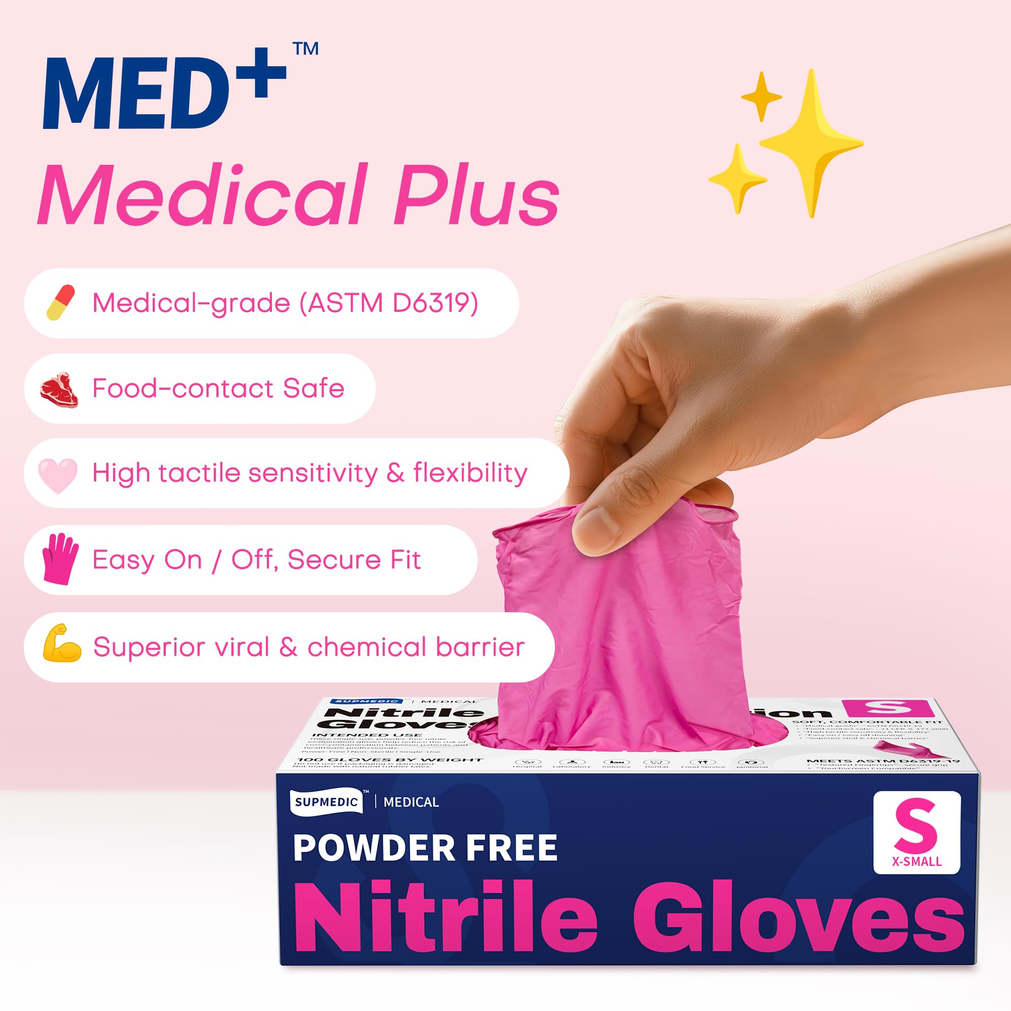 Supmedic Nitrile Gloves Rose Orchid textured fingertips improve grip in wet or dry tasks