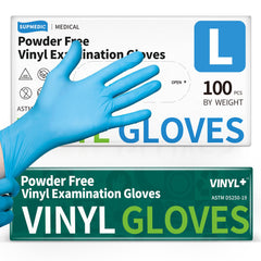 Supmedic vinyl disposable exam gloves in blue for medical exams and lab tasks