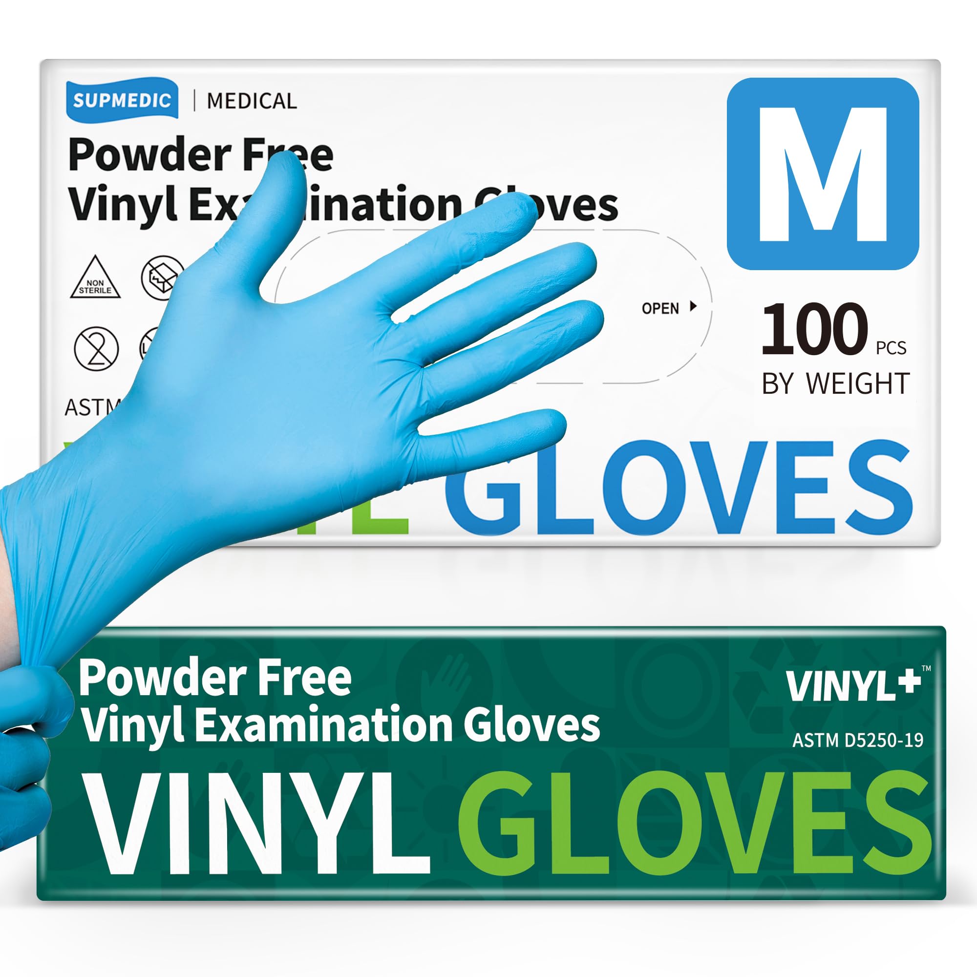 Supmedic vinyl gloves box front in blue, 100 pcs for medical or kitchen use