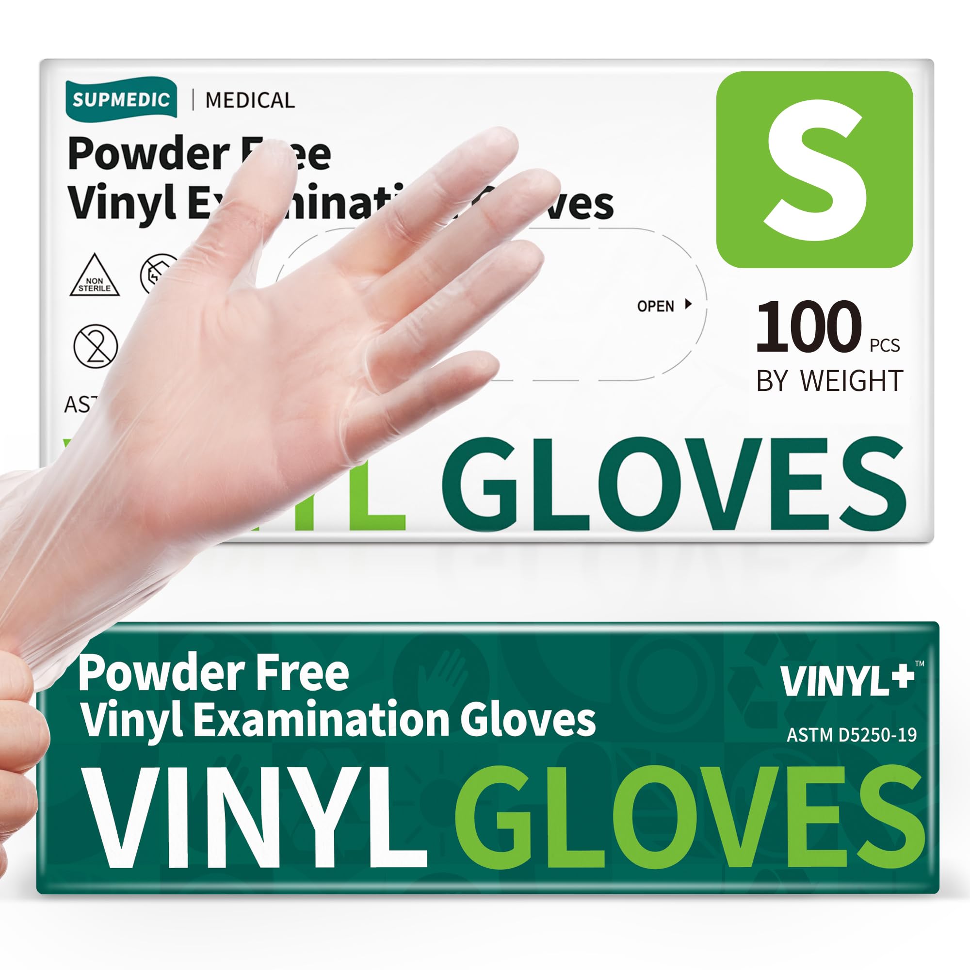 Supmedic vinyl disposable gloves box close-up showing bulk packaging for easy stocking