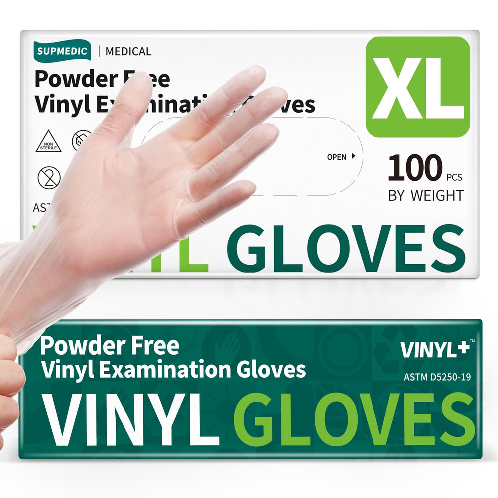 Supmedic vinyl gloves box front, ready-to-use packaging for daily tasks.
