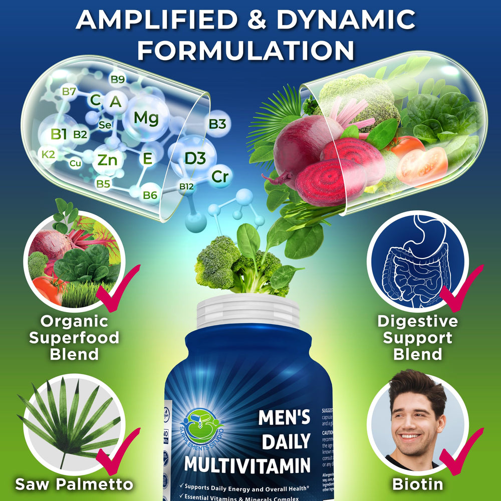 SUPPLEMENTS STUDIO label on bottle highlighting full-spectrum nutrients and Saw Palmetto.
