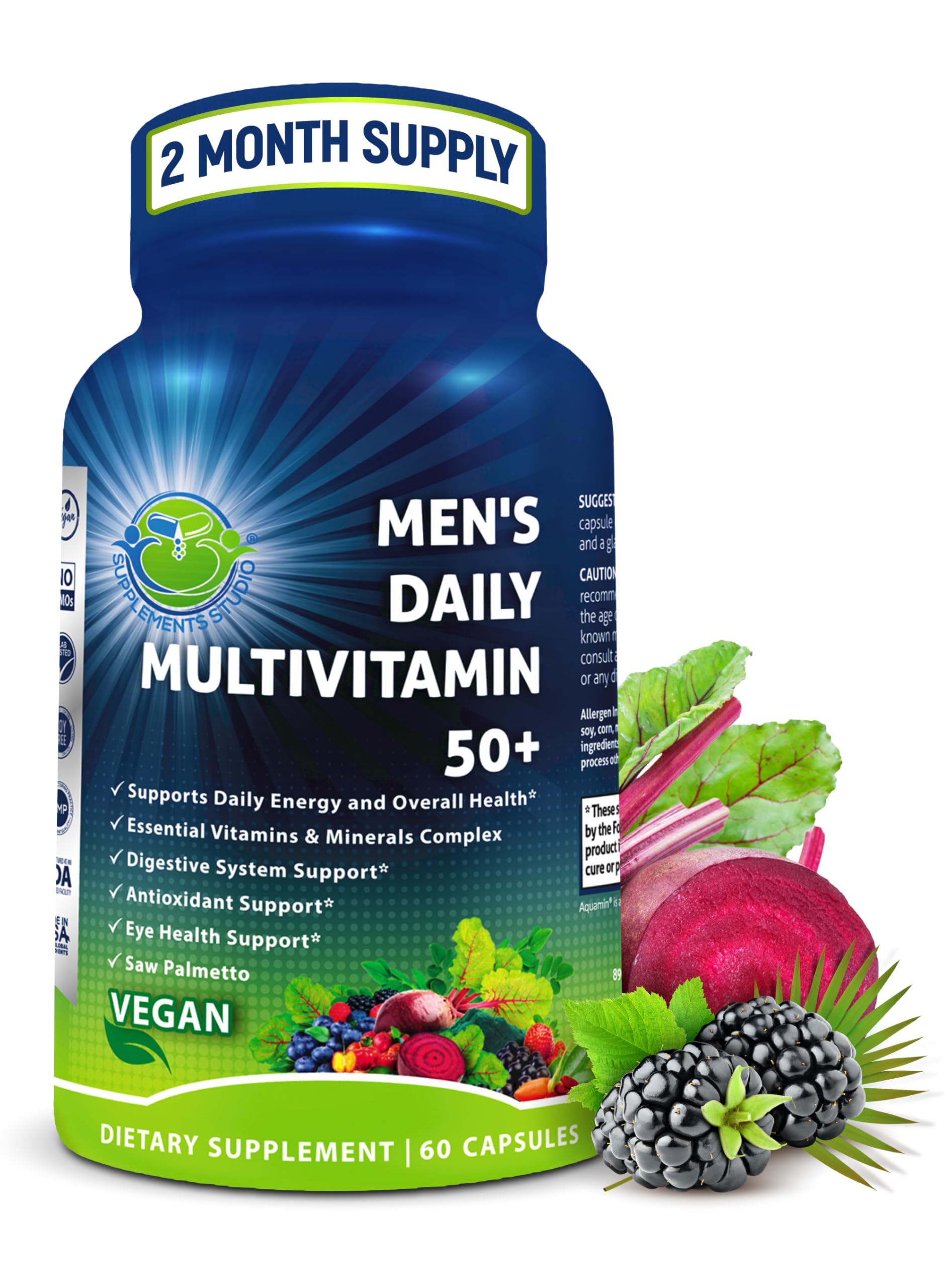 SUPPLEMENTS STUDIO Men's Daily Multivitamin 50+ bottle closeup shows a vegan capsule for daily wellness.