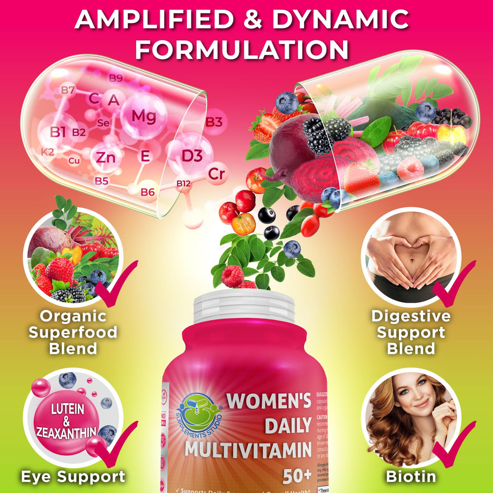 Supplements Studio Women's Daily Multivitamin 50+ label highlights ingredients and vegan formula