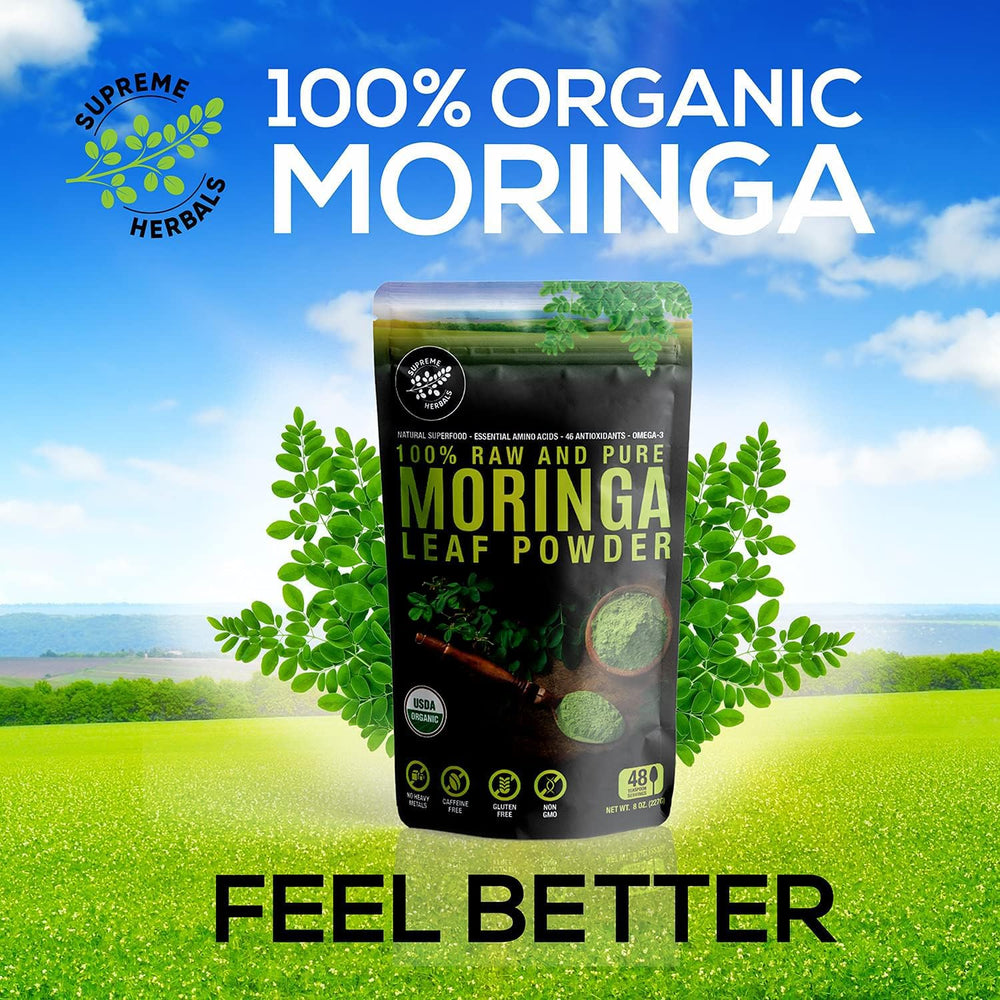 Pouring Supreme Herbals Moringa powder into a smoothie for a nutrient-rich boost