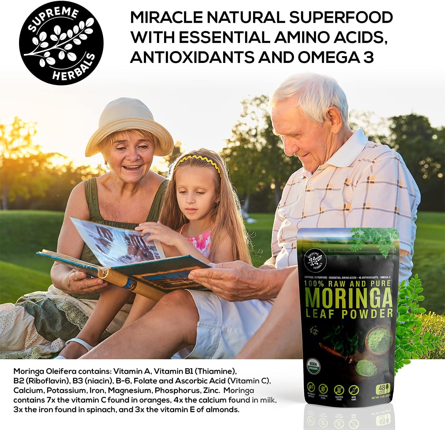 Measuring spoon pouring Supreme Herbals Moringa powder for precise daily dose