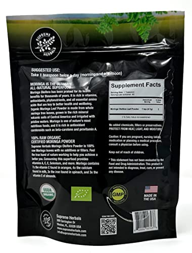 Organic certification label on Supreme Herbals Moringa powder