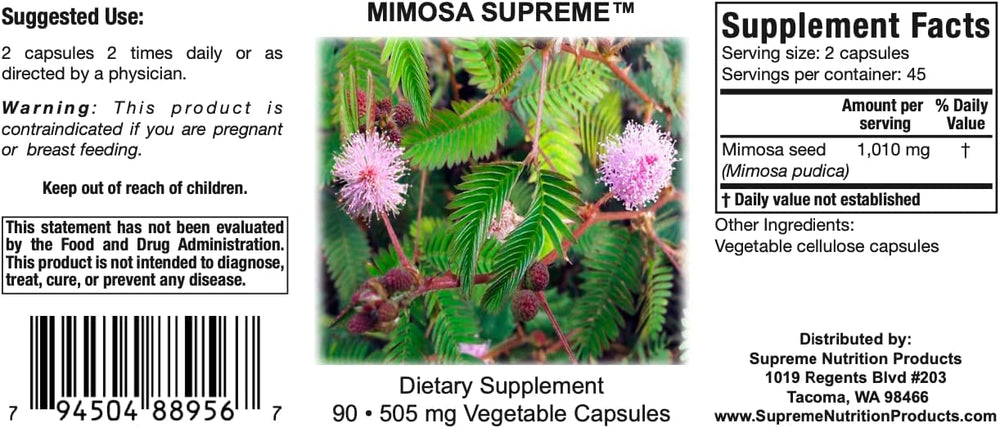 Supreme Nutrition Mimosa Supreme bottle on a clean surface illustrating cGMP manufacturing standards