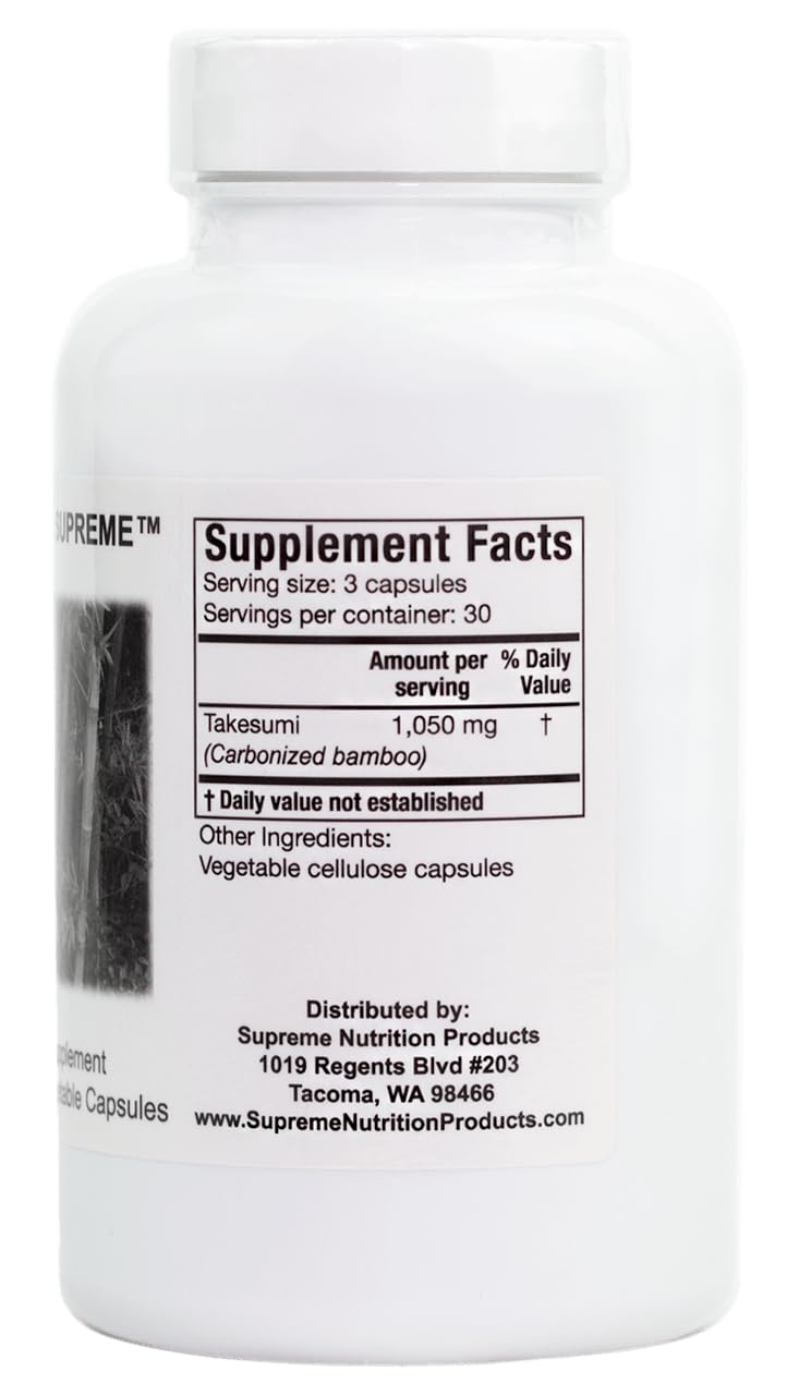 Takesumi Supreme activated bamboo charcoal visual highlighting purity and capsule form for easy dosing.