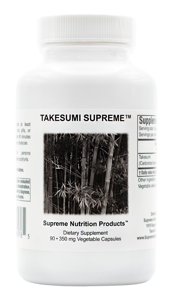 Supreme Nutrition Takesumi Supreme charcoal capsules in bottle for daily digestive balance.