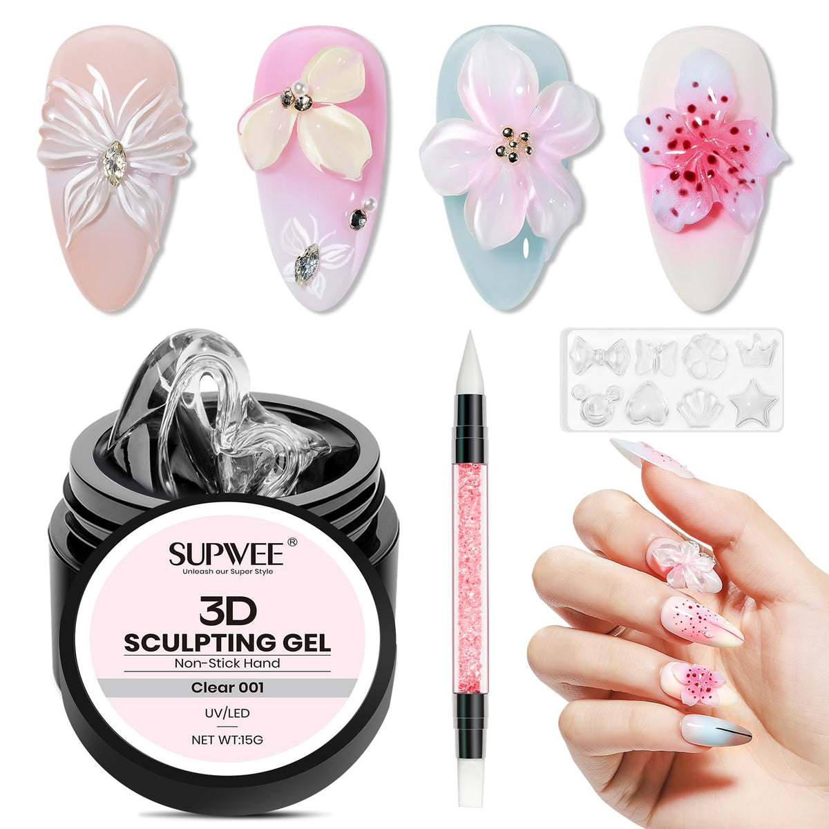 SUPWEE 3D gel nail art with clear sculpting pen for precise lines and clean design