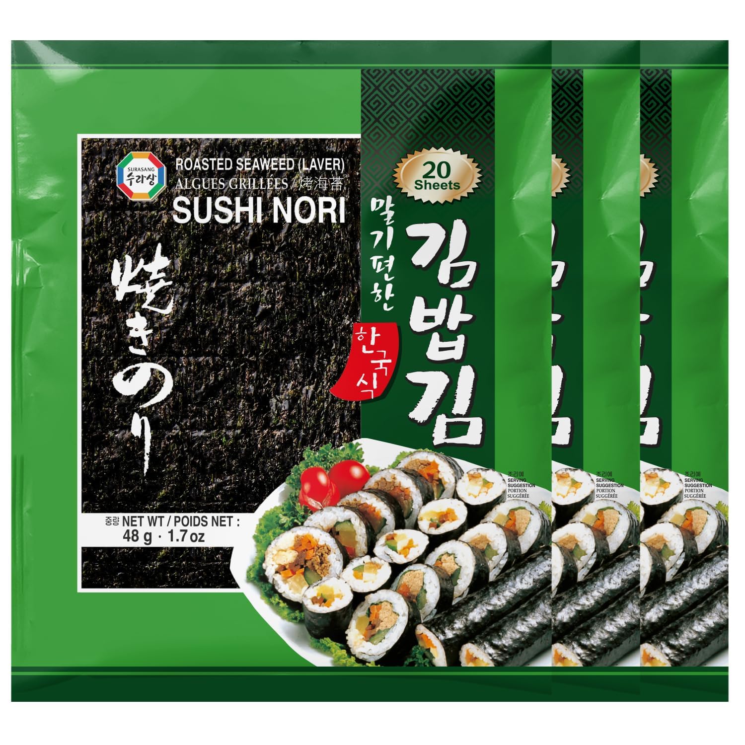 Surasang Premium Nori Sheets pack with 20 full-size sheets for fresh sushi and gimbap.