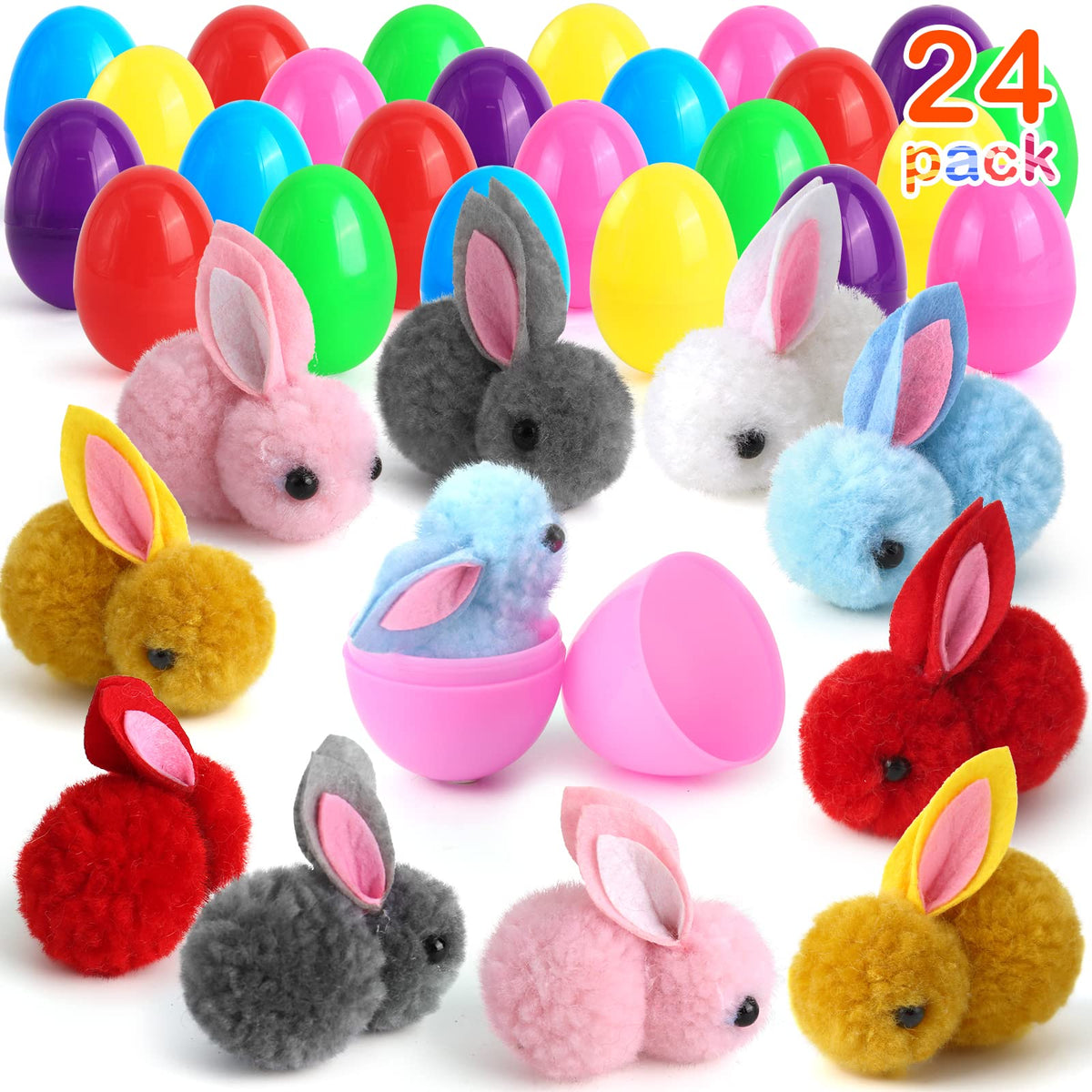 SURCVIO 24-pack Easter eggs with plush bunnies for hunts.
