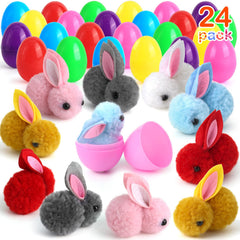 SURCVIO 24-pack Easter eggs with plush bunnies for hunts.