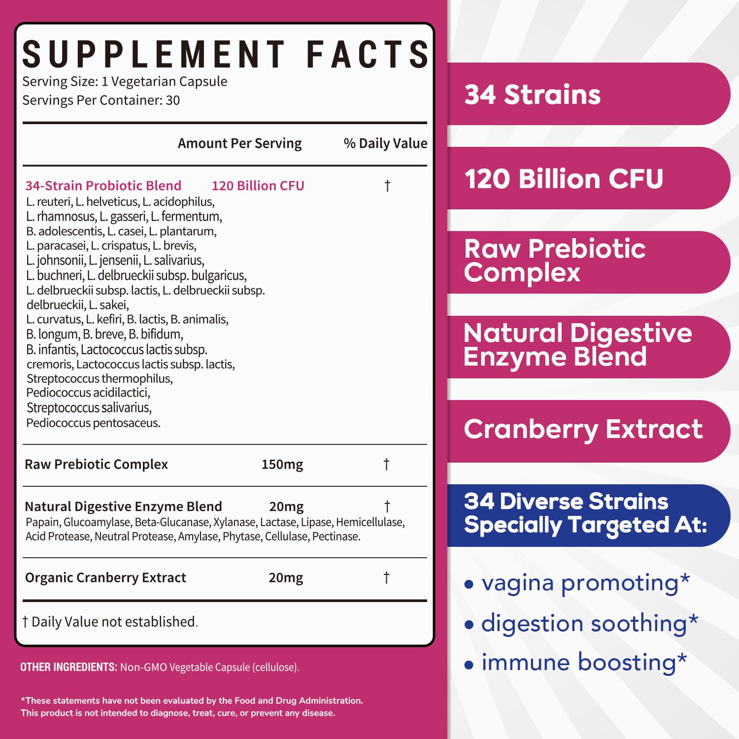 Surebounty Probiotics for Women 4-in-1 blend highlighting digestion, vaginal, urinary, and immune benefits
