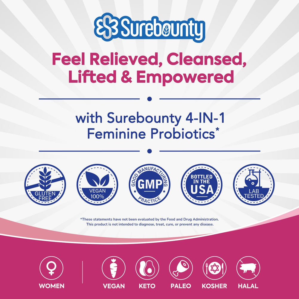 Surebounty Probiotics for Women on-the-go daily capsule beside a glass of water