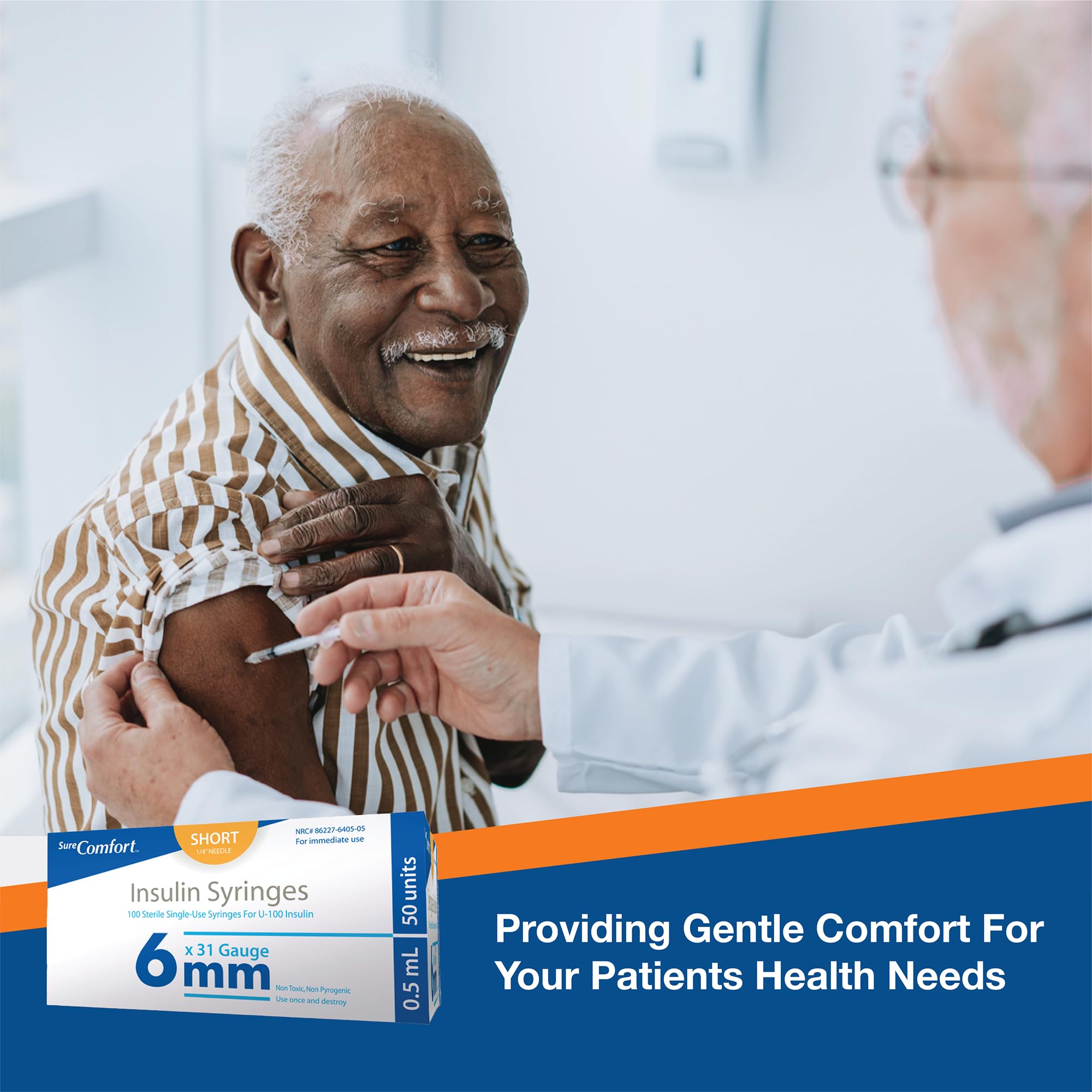 SureComfort U-100 syringe suitable for multiple injection sites.