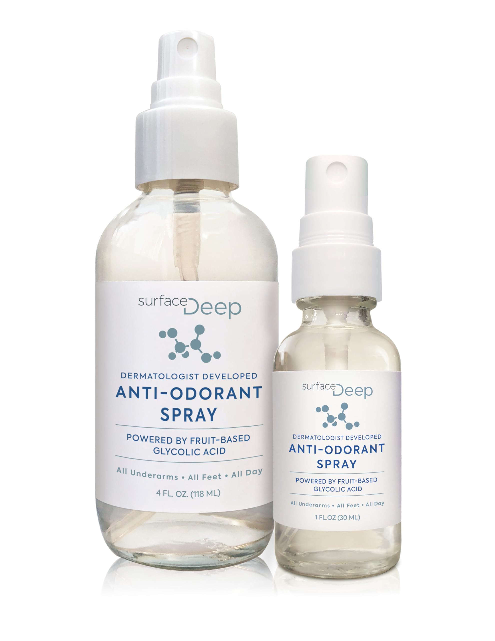 Surface Deep underarm spray application shown on skin for gentle odor prevention