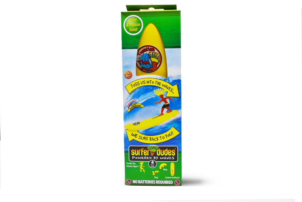 Surfer Dudes Classics surfboard toy shown with compact beach setup for outdoor play