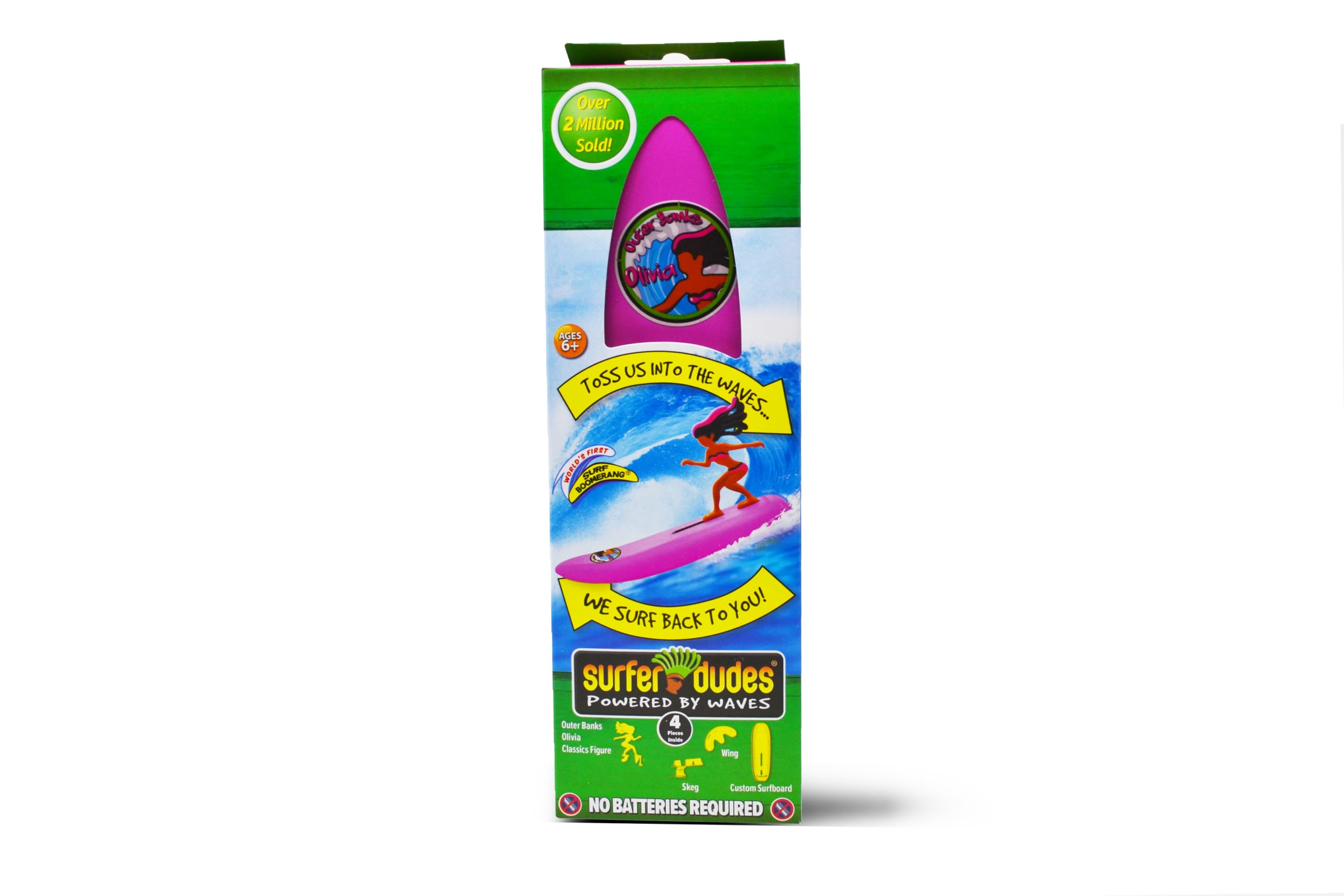 Surfer Dudes Classics wave-action scene showing a self-righting mini-surfer catching a wave