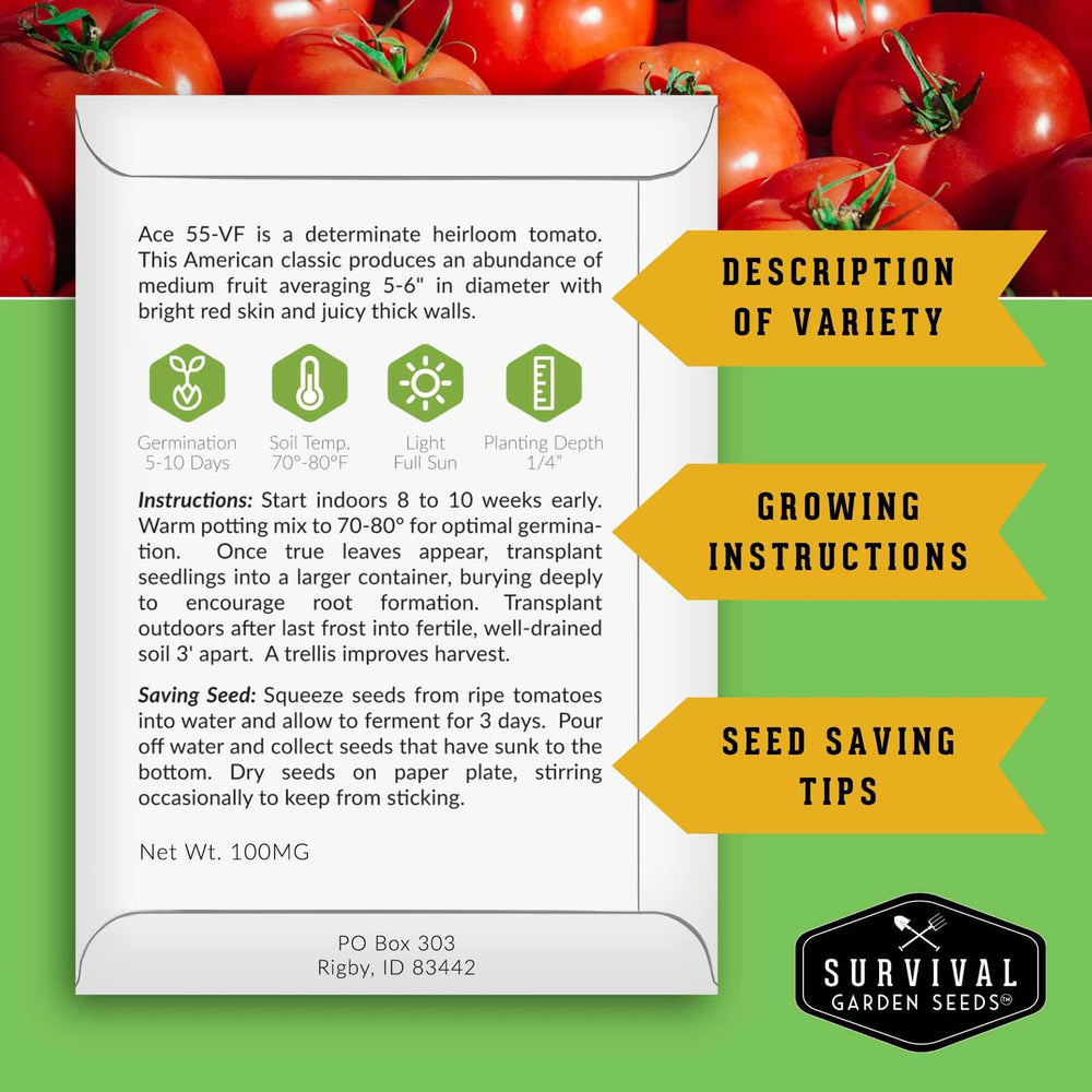 SURVIVAL GARDEN SEEDS ace-55 tomato seed promotes reliable germination and generous harvests.