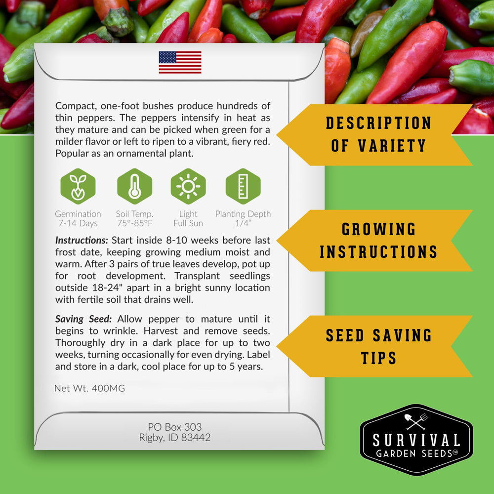 Survival Garden Seeds Bird’s Eye peppers harvest ready for sizzling Asian dishes.