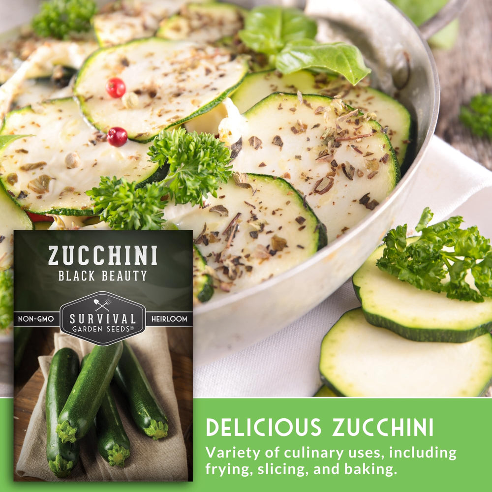 Edible Black Beauty zucchini blossoms from SURVIVAL GARDEN SEEDS for seasonal dishes.