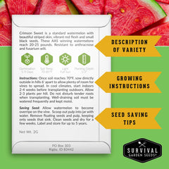 SURVIVAL GARDEN SEEDS Crimson Sweet seeds packet ready for planting.