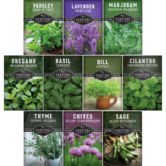 SURVIVAL GARDEN SEEDS herb variety pack label highlighting ten herbs for easy home growing.