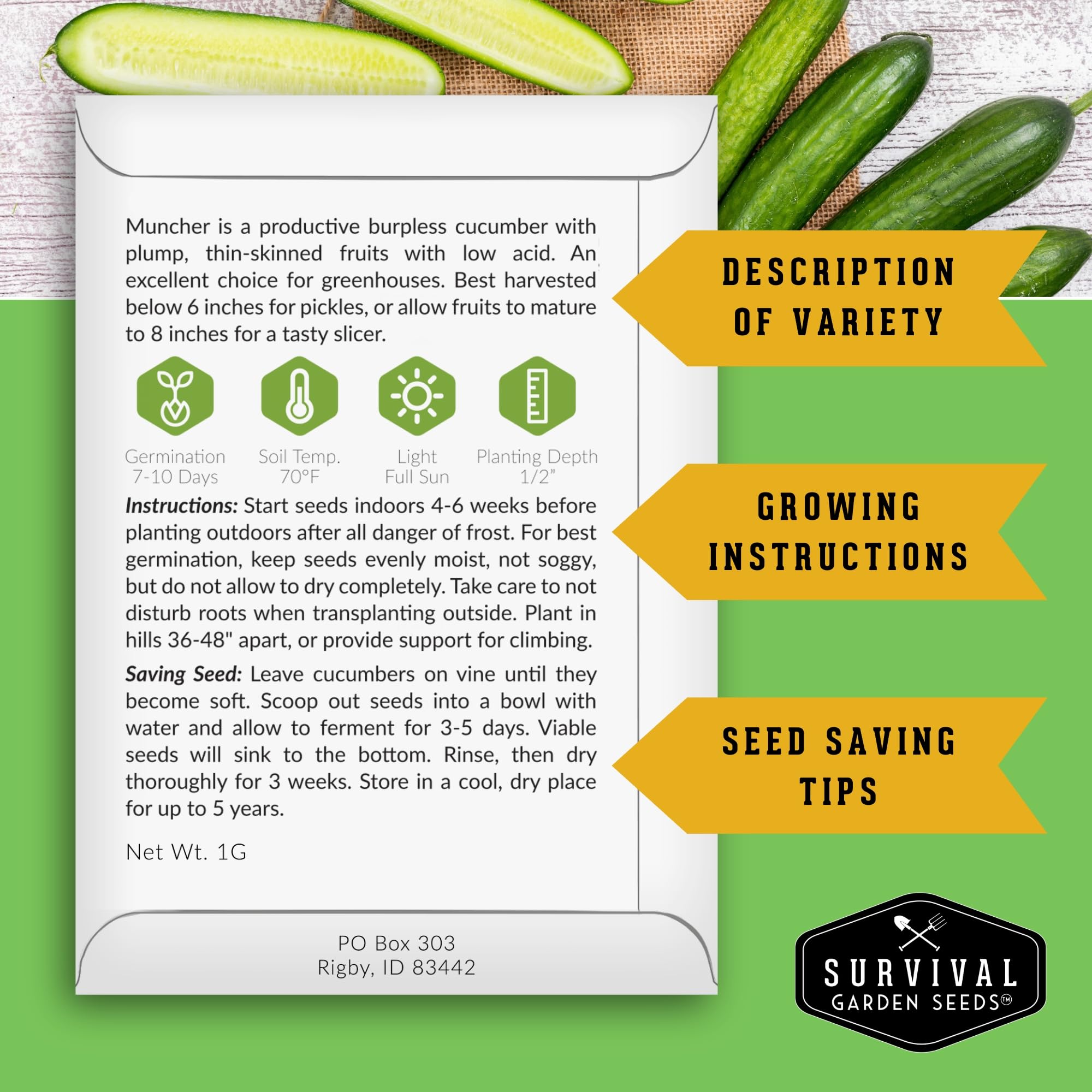 SURVIVAL GARDEN SEEDS Muncher cucumber offers smooth-skin for crisp slices.