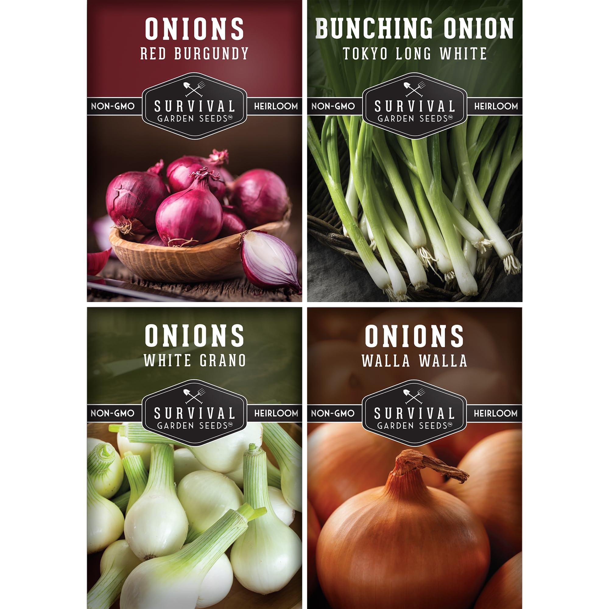 Survival Garden Seeds four-variety onion seed collection for versatile home gardening.