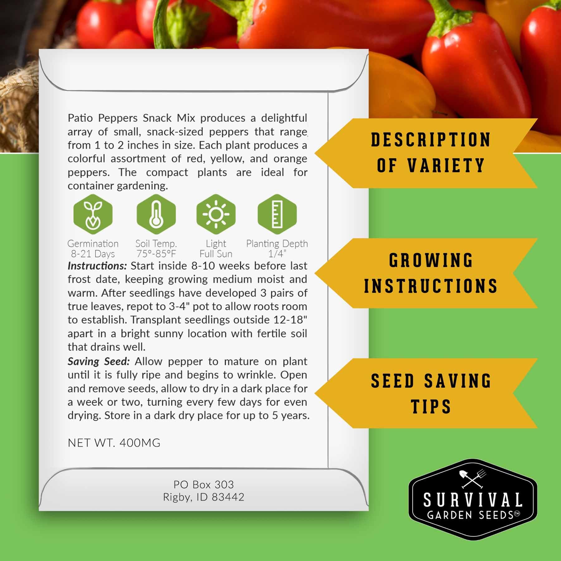 SURVIVAL GARDEN SEEDS patio snack mix peppers in yellow, ideal for colorful roasting.