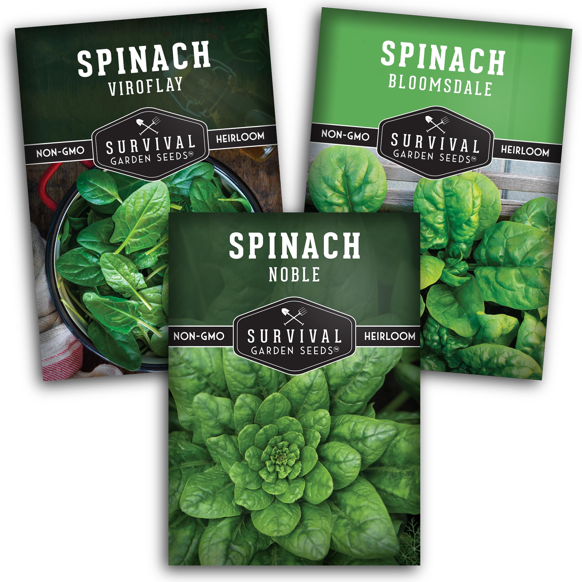 SURVIVAL GARDEN SEEDS spinach seed collection packaging shows three heirloom varieties for diverse harvests.