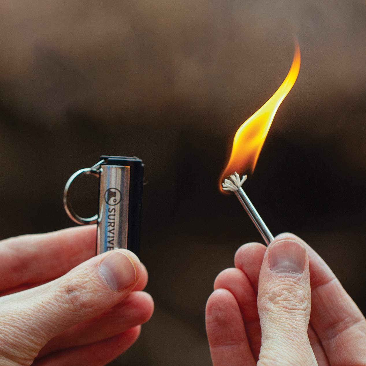SURVIVE Permanent Match with keychain clip for on-the-go carrying.