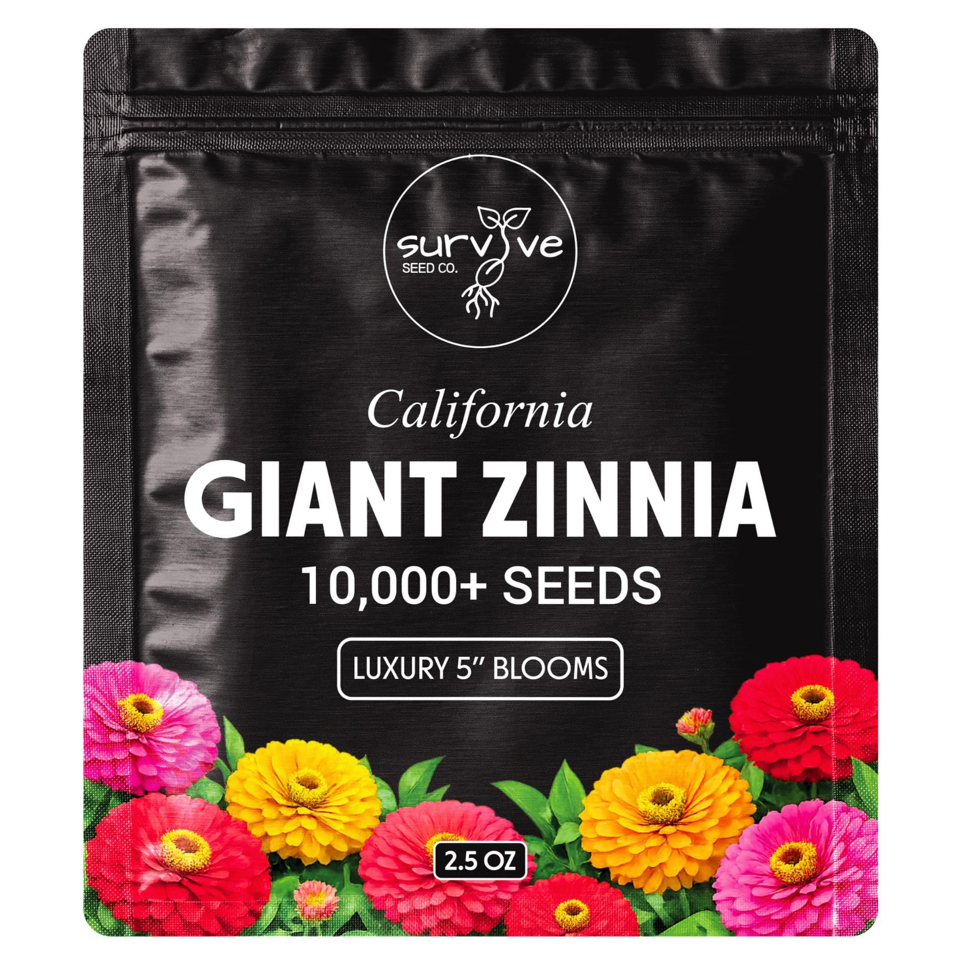Survive Seed Co. Zinnia California Giants seed pack ready for bright sunny borders.