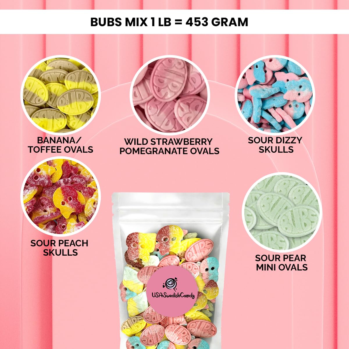 Susa Candy Bubs Swedish Candy Mix tutti-frutti gummies with tangy notes.