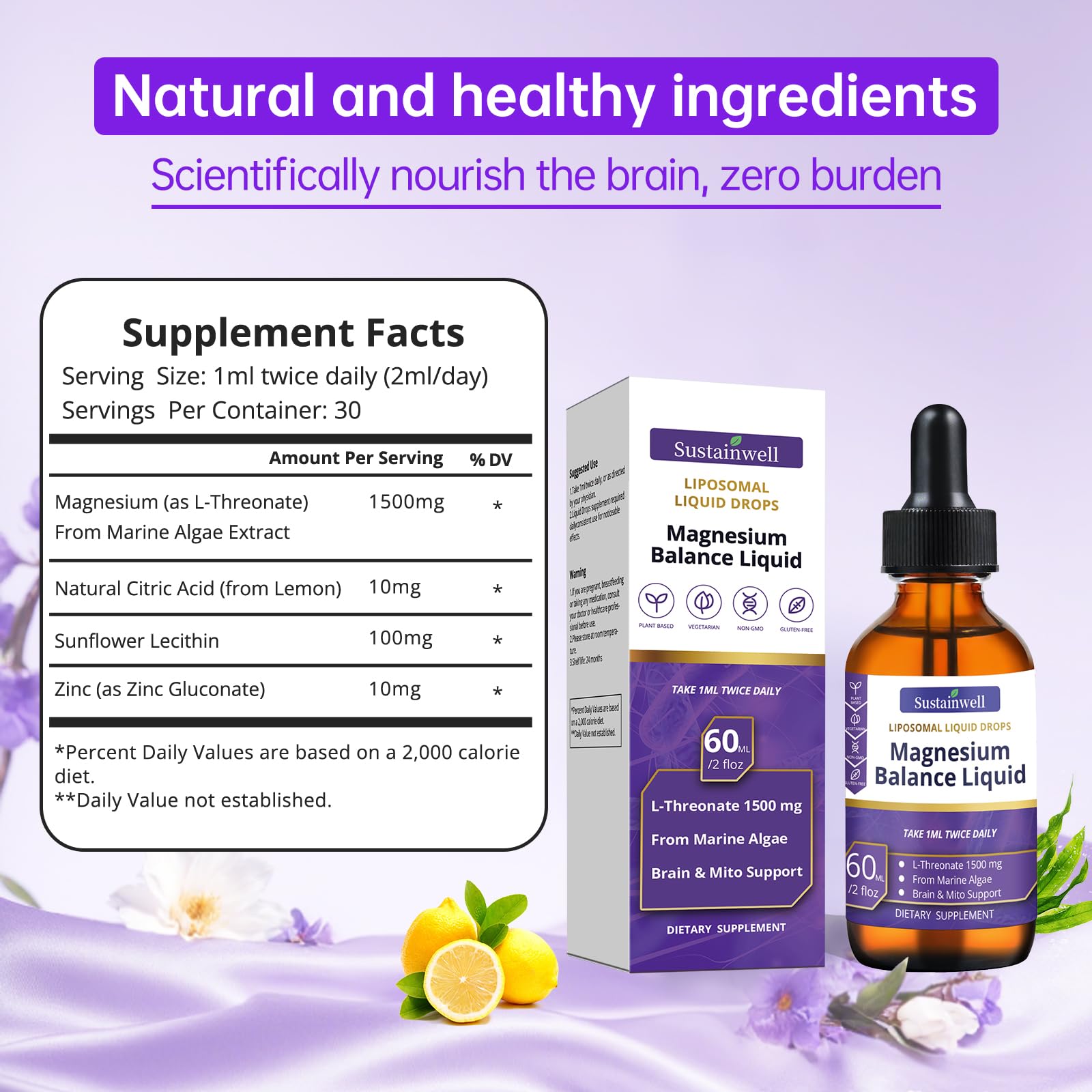 SustainWell Magnesium L-Threonate Drops in-cup illustrates beverage-friendly consumption.