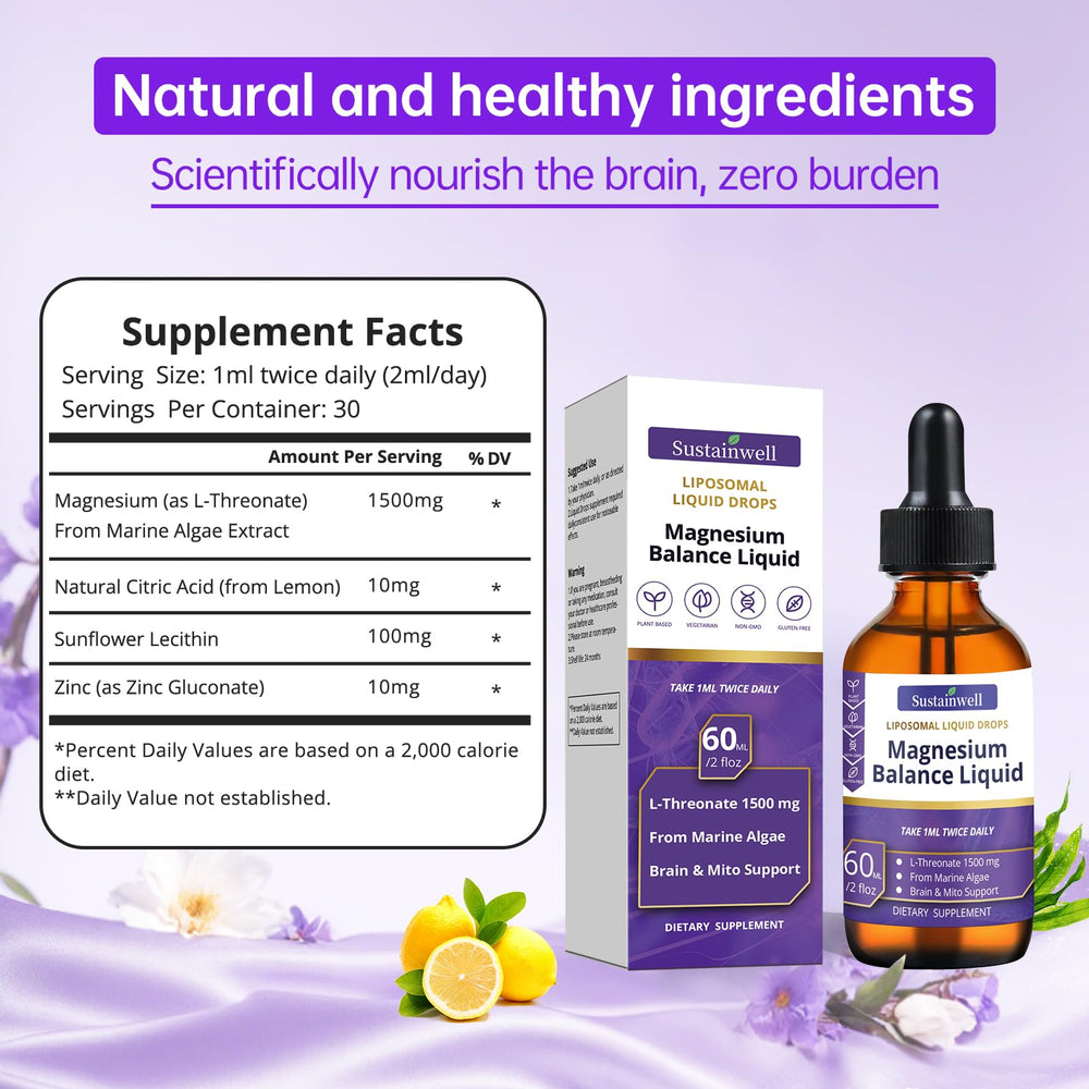 SustainWell Magnesium L-Threonate Drops in-cup illustrates beverage-friendly consumption.