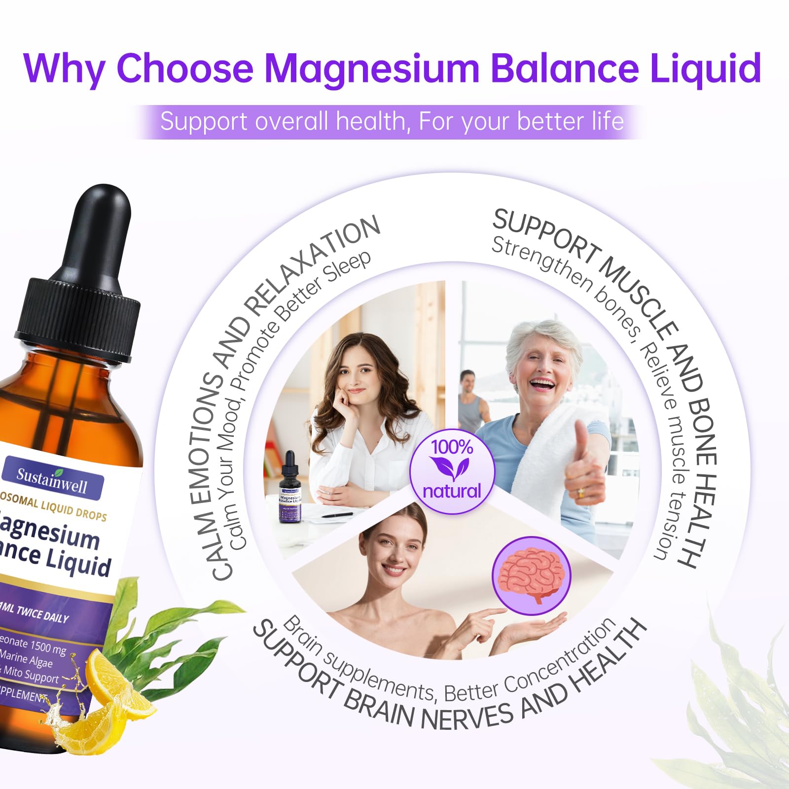 SustainWell Magnesium L-Threonate Drops label-closeup emphasizes vegan, sugar-free formula for daily use.