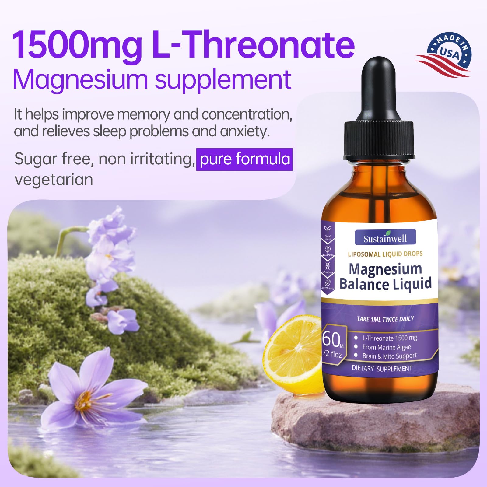 SustainWell Magnesium L-Threonate Drops pour demonstrates quick dosing for daily cognitive support.