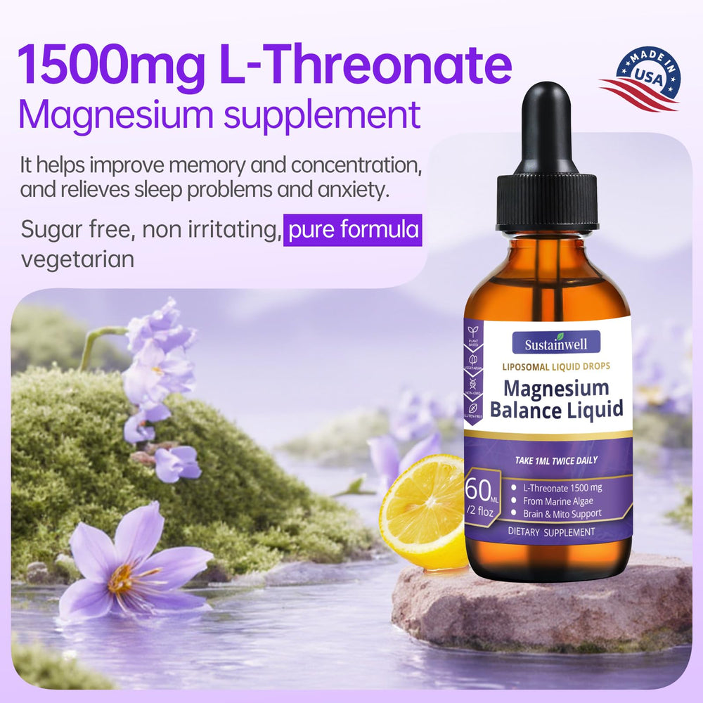 SustainWell Magnesium L-Threonate Drops pour demonstrates quick dosing for daily cognitive support.