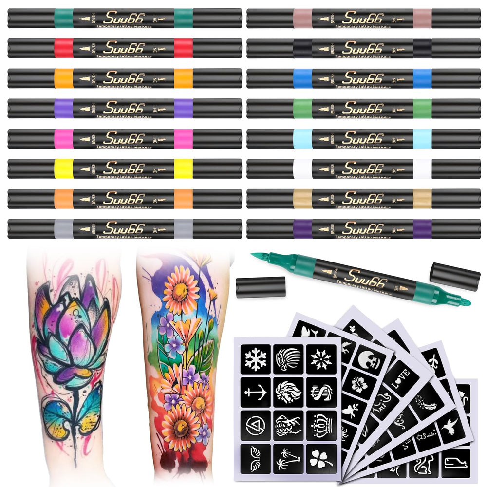 Suu66 temporary tattoo markers kit showcasing 16 vibrant colors for bold body art.
