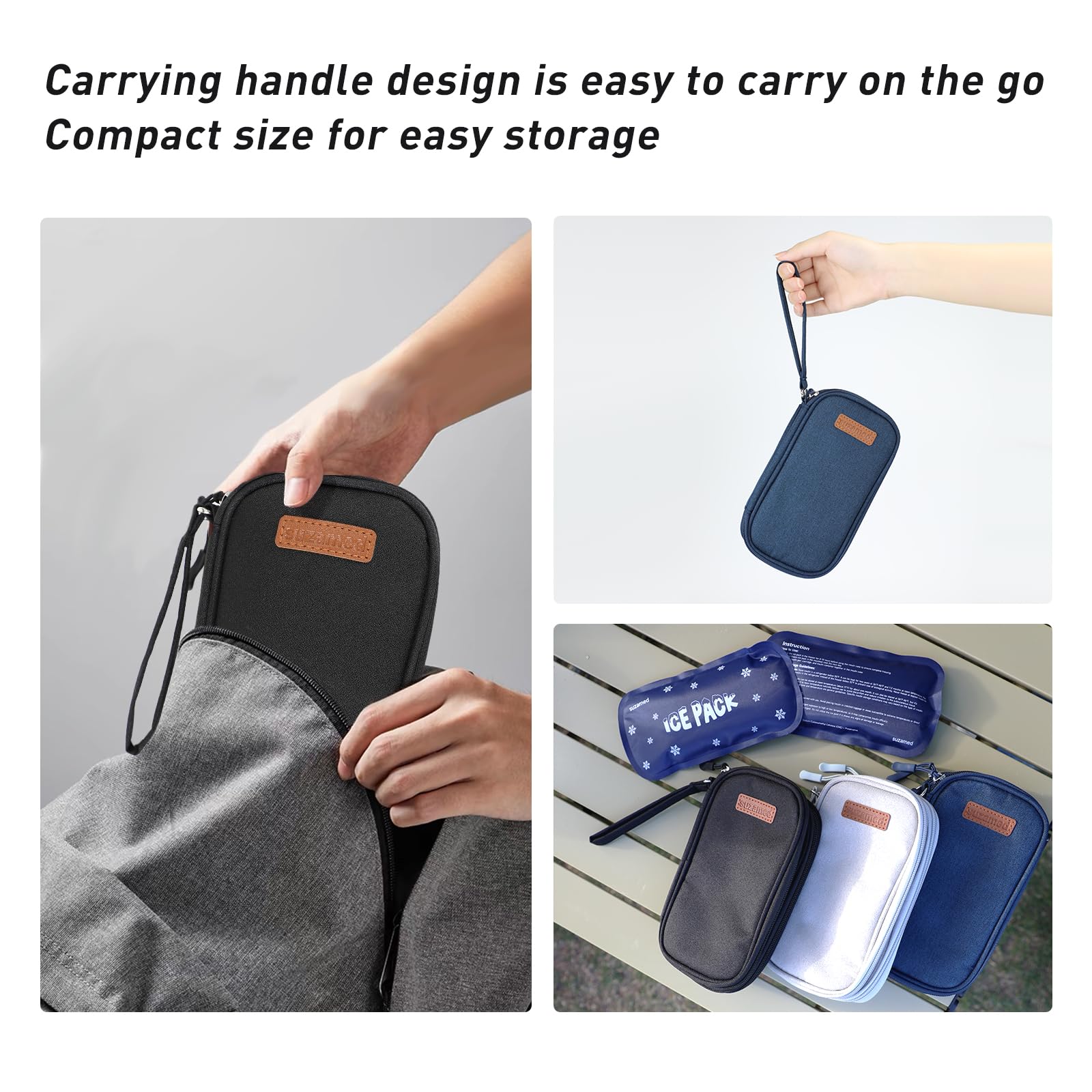 Suzamed blue insulin cooler travel case inside a bag, ready for travel.