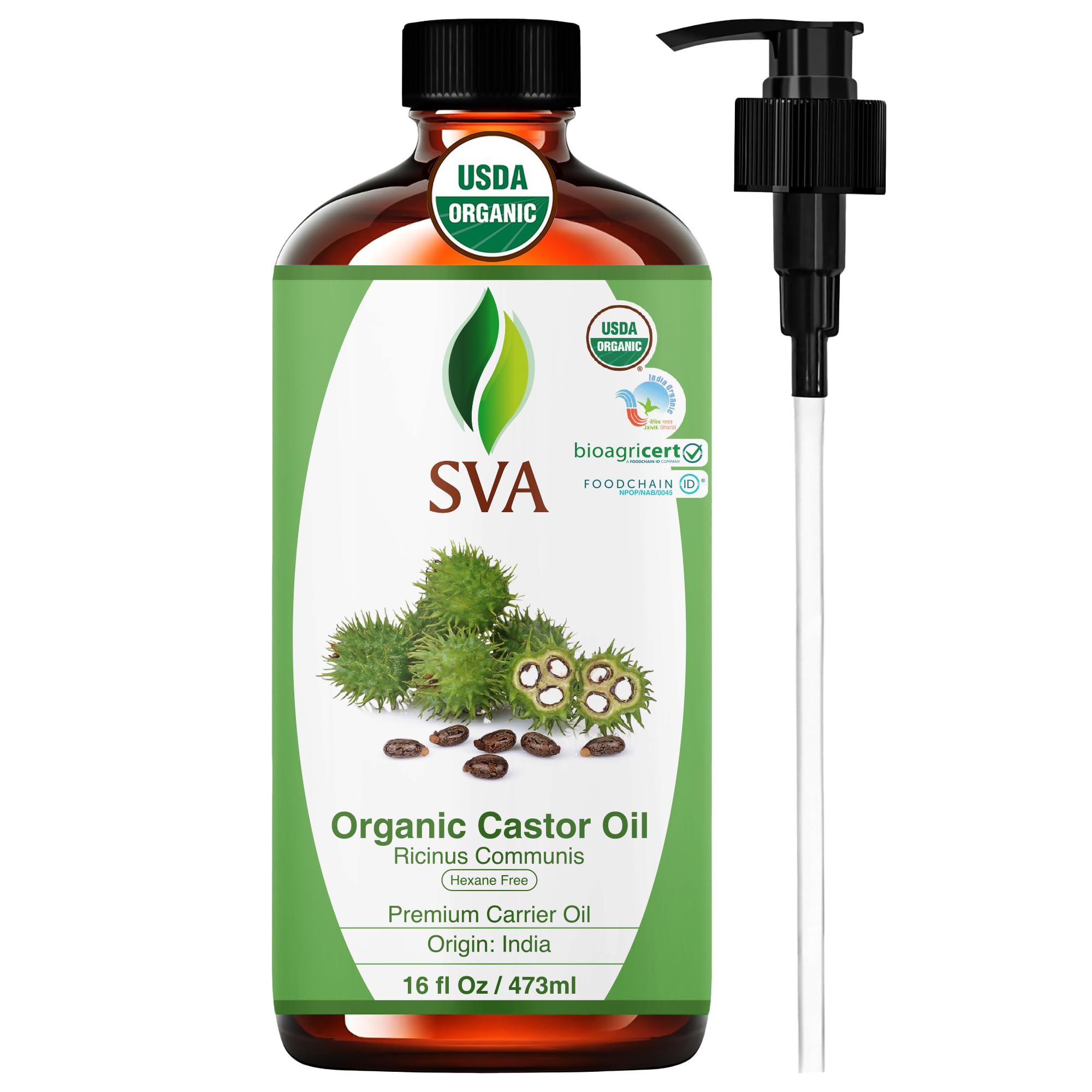 SVA ORGANICS castor oil bottle with pump for easy, mess-free application.
